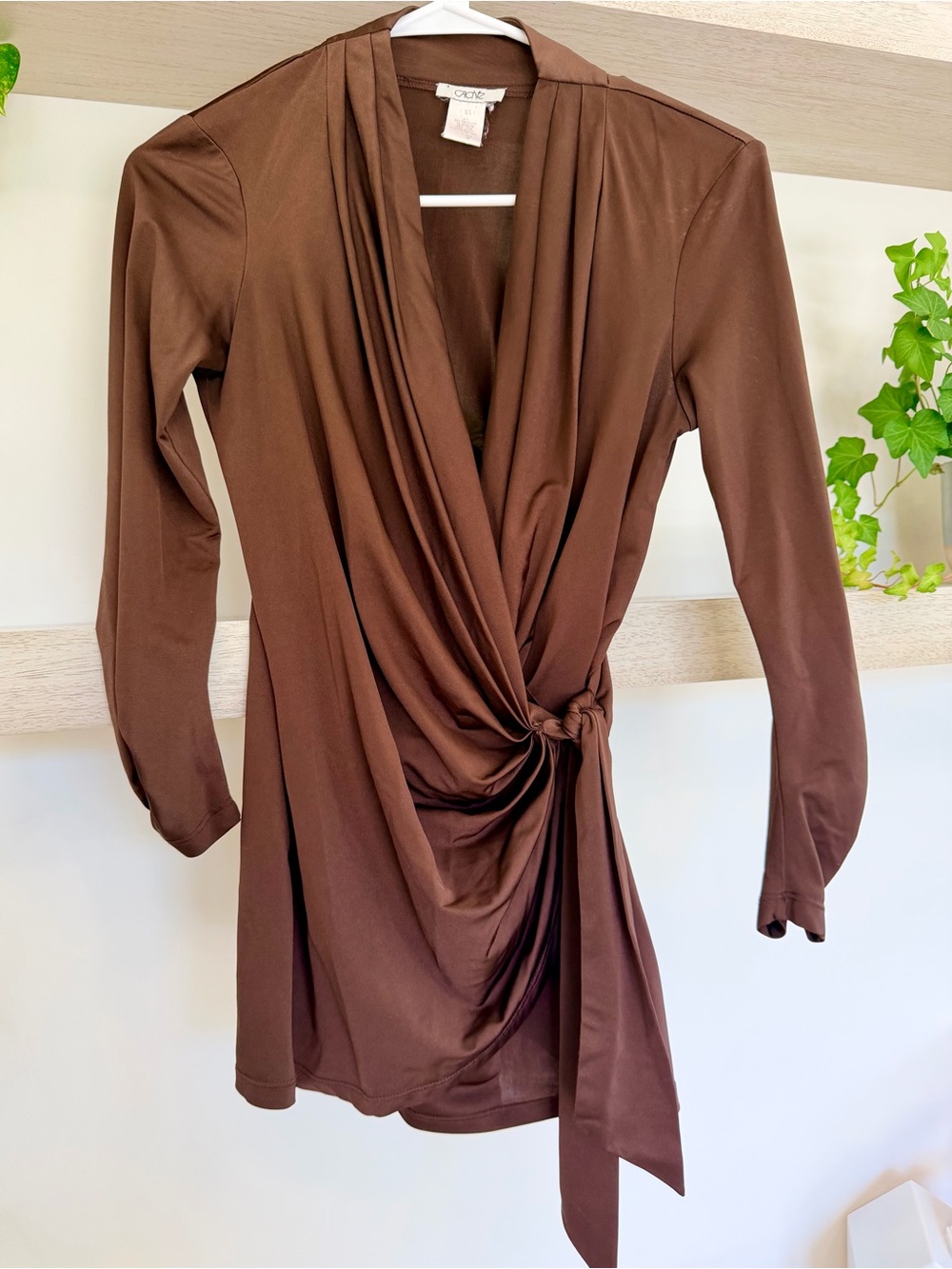 Cache Brown Draped Wrap-Front Blouse